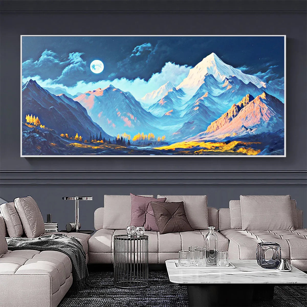 MOONLIT MAJESTY: Panoramic Mountain Landscape Oil Painting with Moon - Image 6