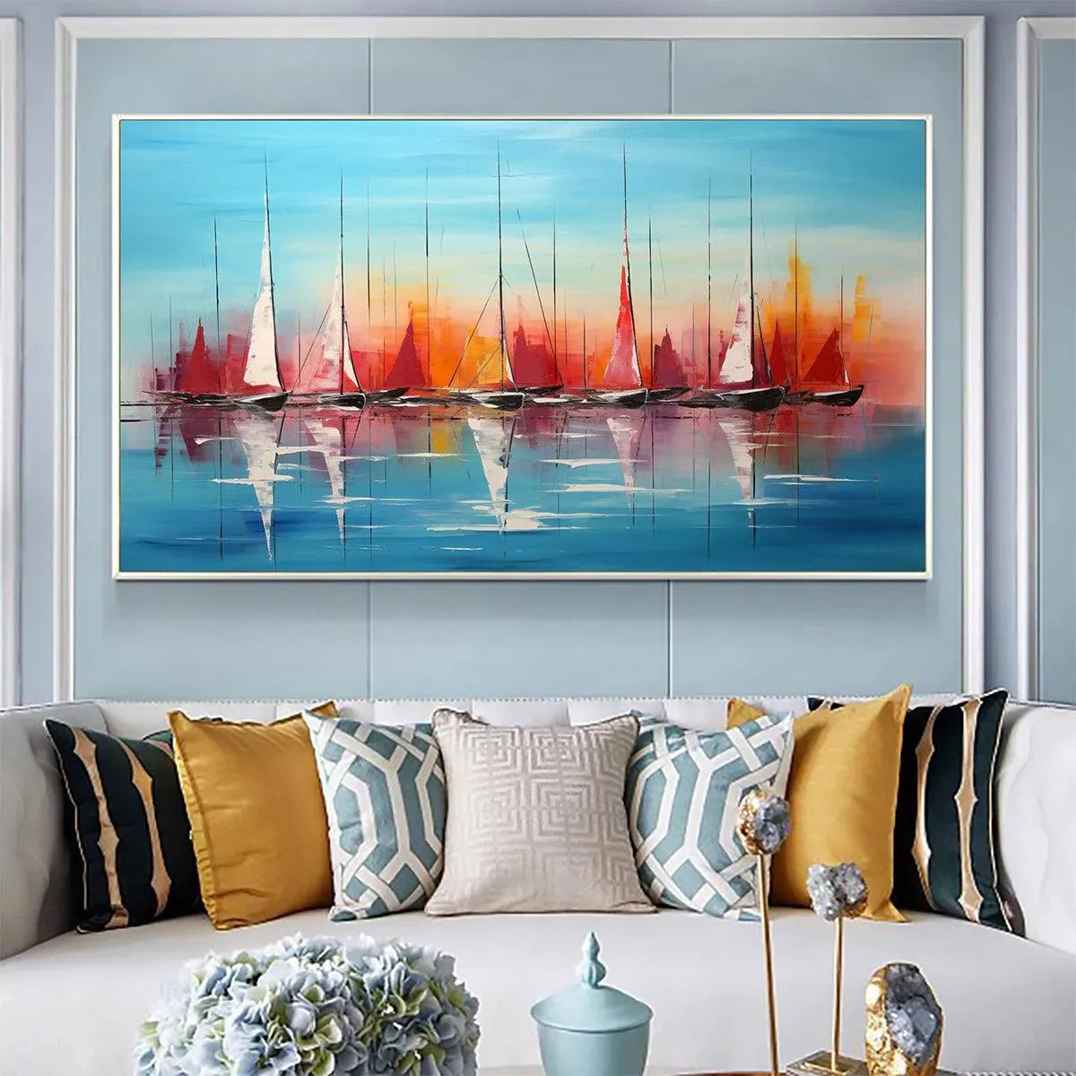 HARBOR SUNSET: Panoramic Sailboat Painting, Colorful Sunset - Image 6