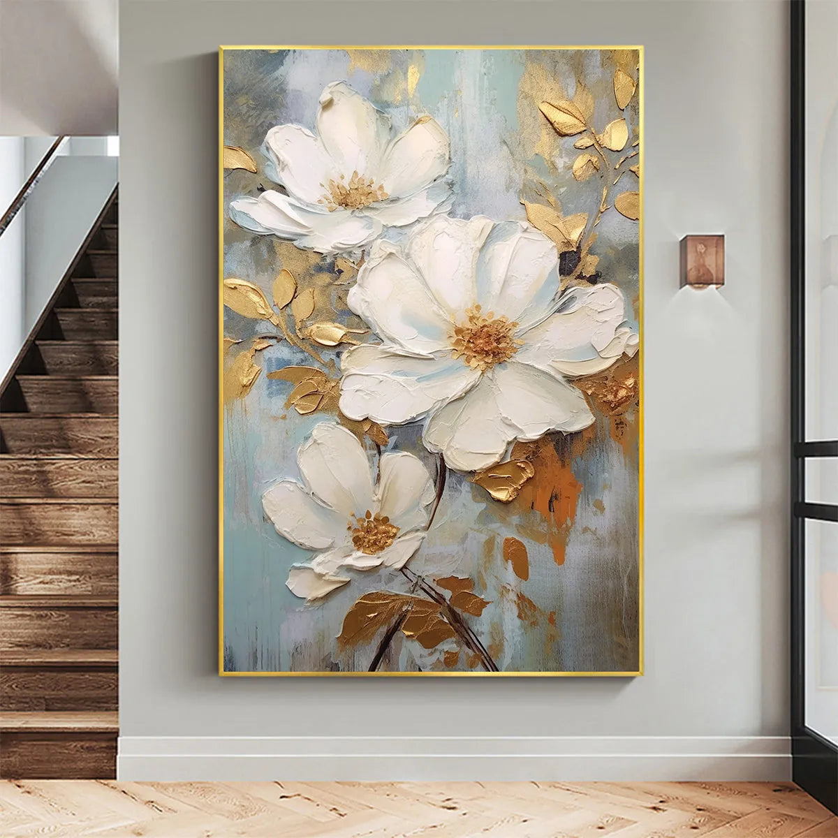 GOLDEN BLOSSOMS: Vertical Textured Floral Painting, Impasto White Flowers, Gold Accents, Living Room, Bedroom - Image 2