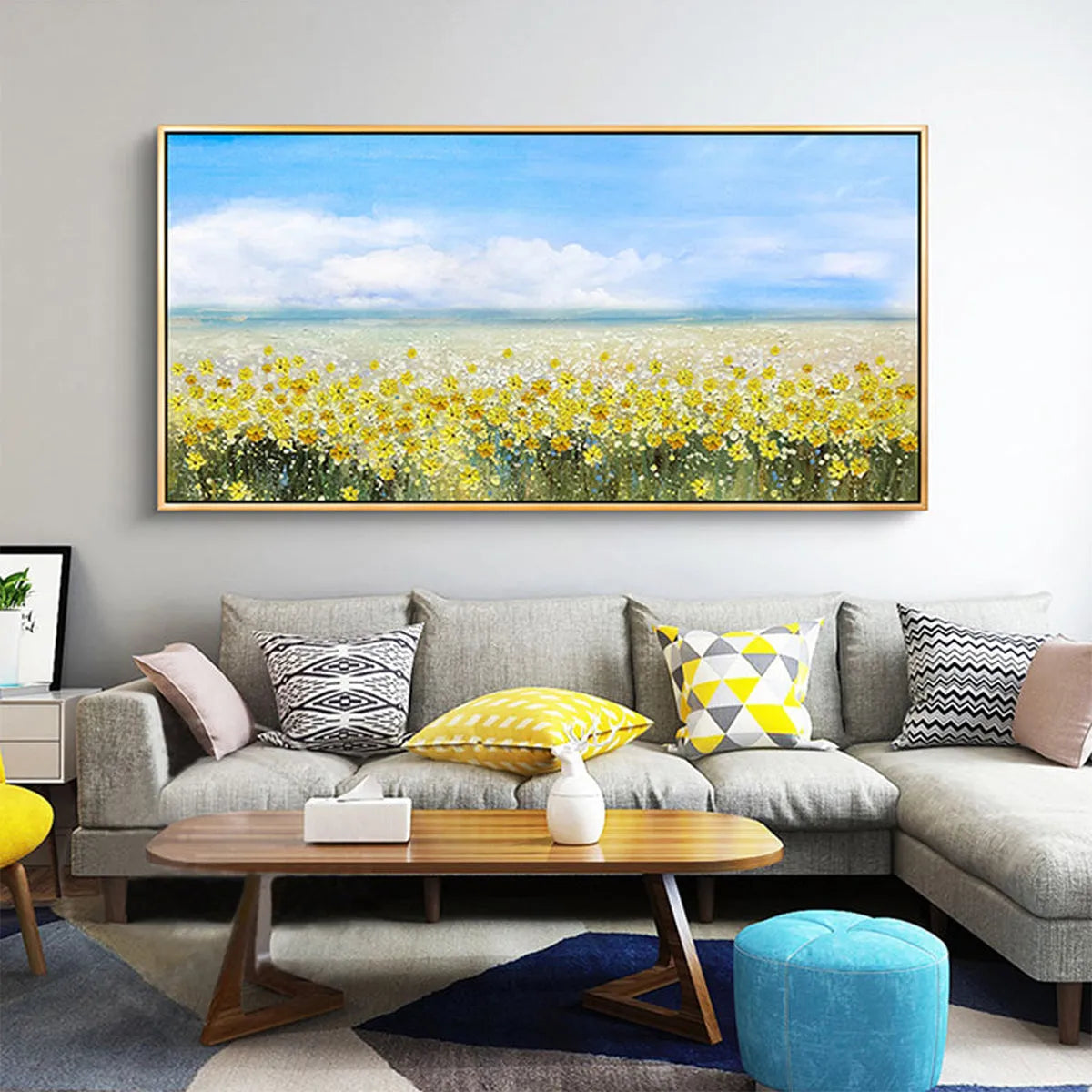 GOLDEN HOUR BLOOM: Landscape Oil Painting with Yellow Wildflowers and Blue Sky - Image 6