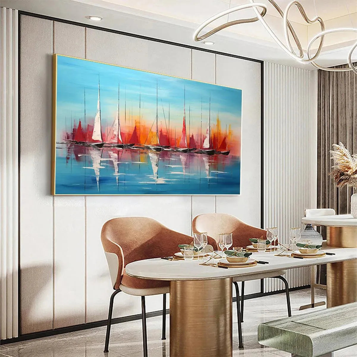 HARBOR SUNSET: Panoramic Sailboat Painting, Colorful Sunset - Image 7