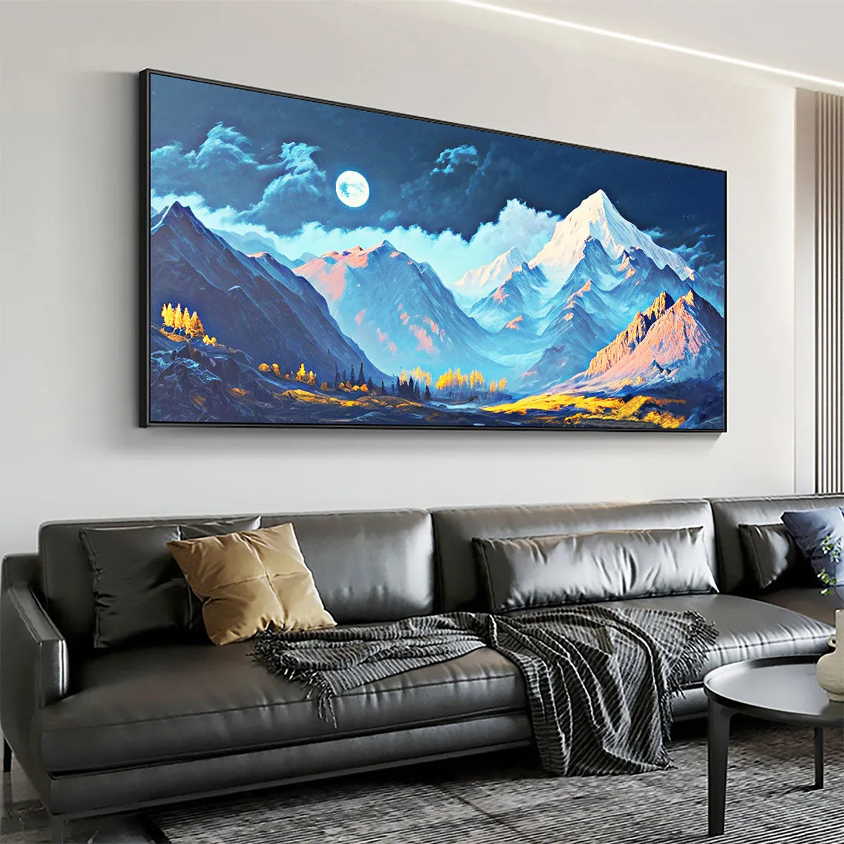 MOONLIT MAJESTY: Panoramic Mountain Landscape Oil Painting with Moon - Image 8