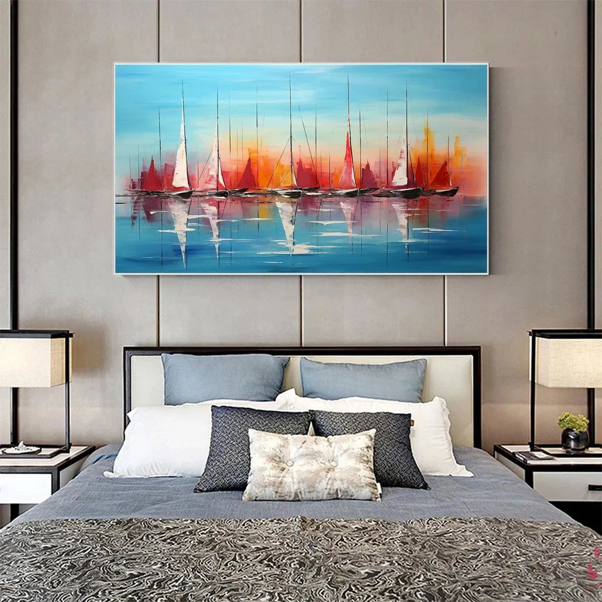 HARBOR SUNSET: Panoramic Sailboat Painting, Colorful Sunset - Image 8