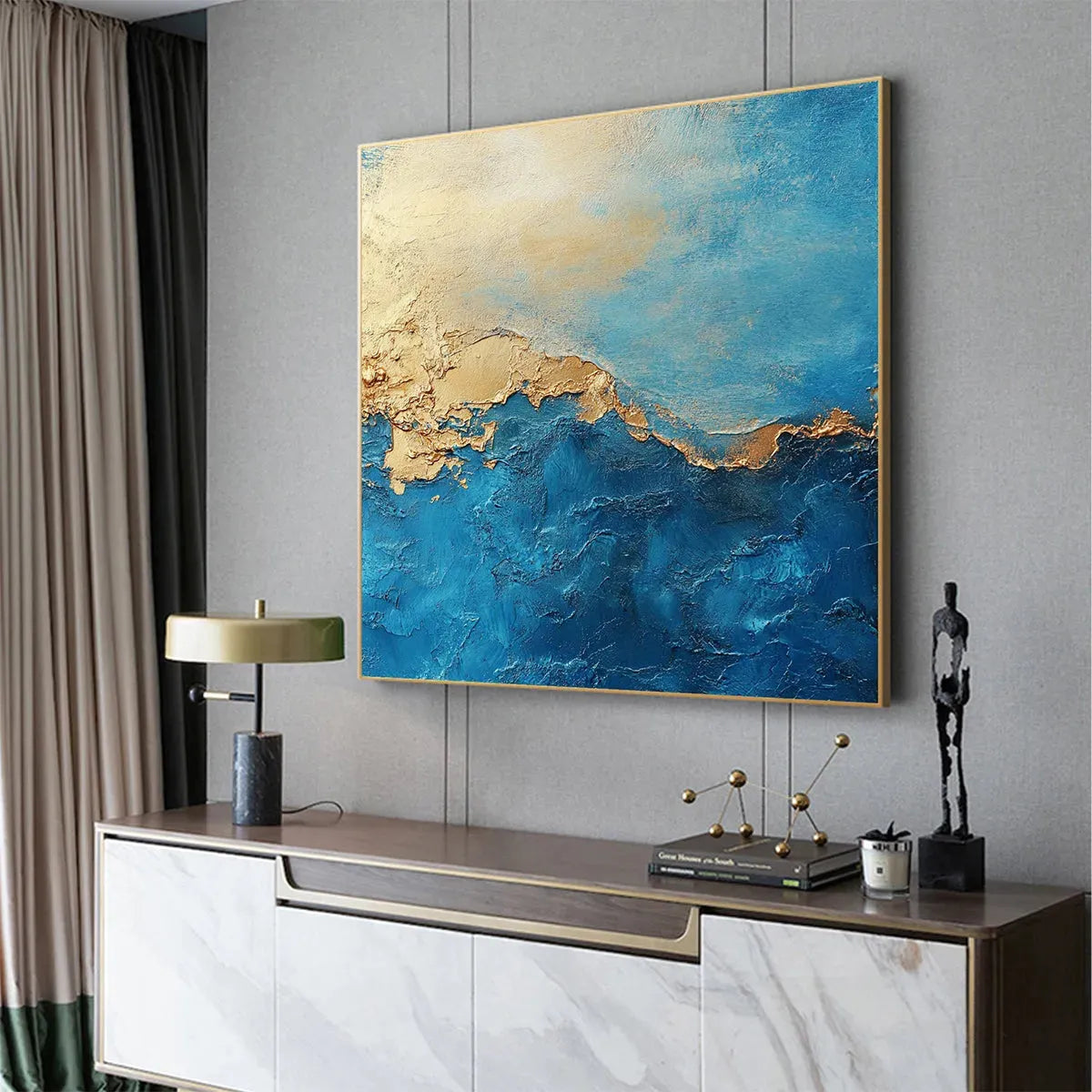 GILDED TIDEPOOL: Square Abstract Oil Painting with Gold Leaf and Blue - Image 2