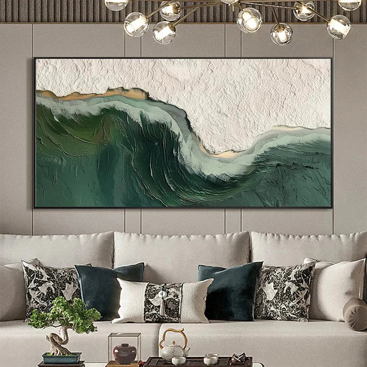 EMERALD DEPTHS: Textured Abstract Seascape Painting, Green and White Wall Art, Panoramic Canvas, Coastal Decor - Image 2