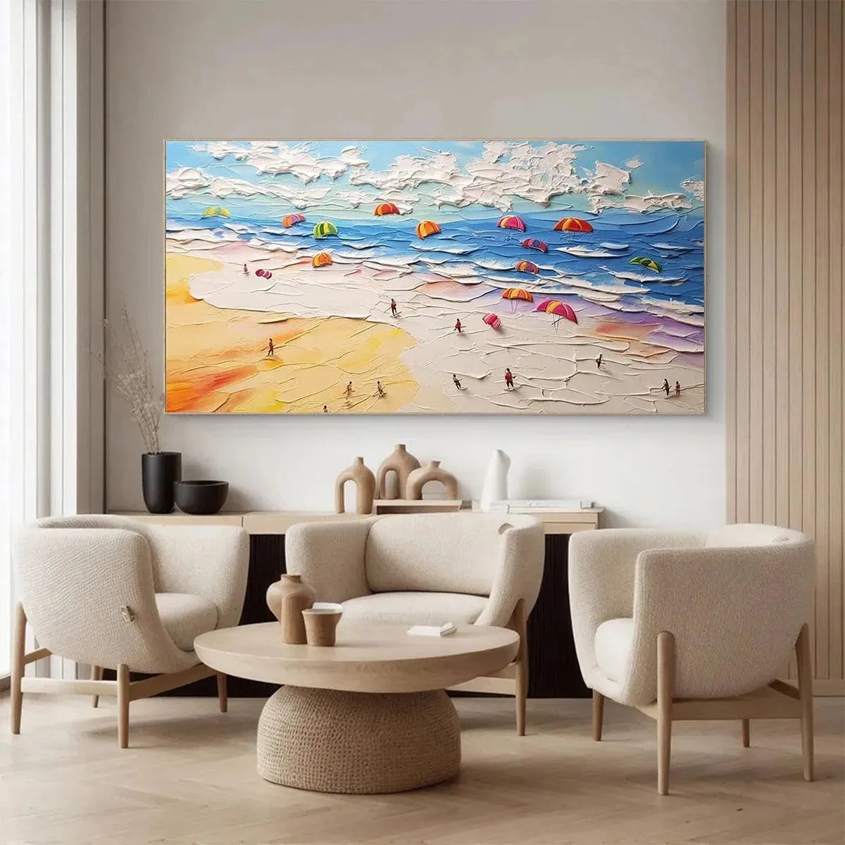 SEASIDE CELEBRATION: Textured Impasto Beach Painting with Colorful Umbrellas - Image 6