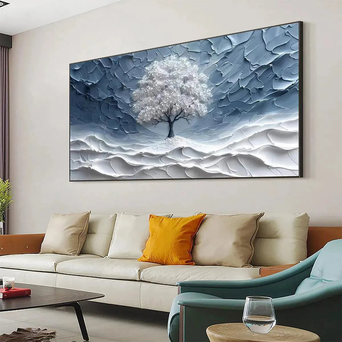 WINTER'S EMBRACE: Textured Winter Landscape Painting, Impasto Wall Art, Horizontal Canvas, Tree Art - Image 4