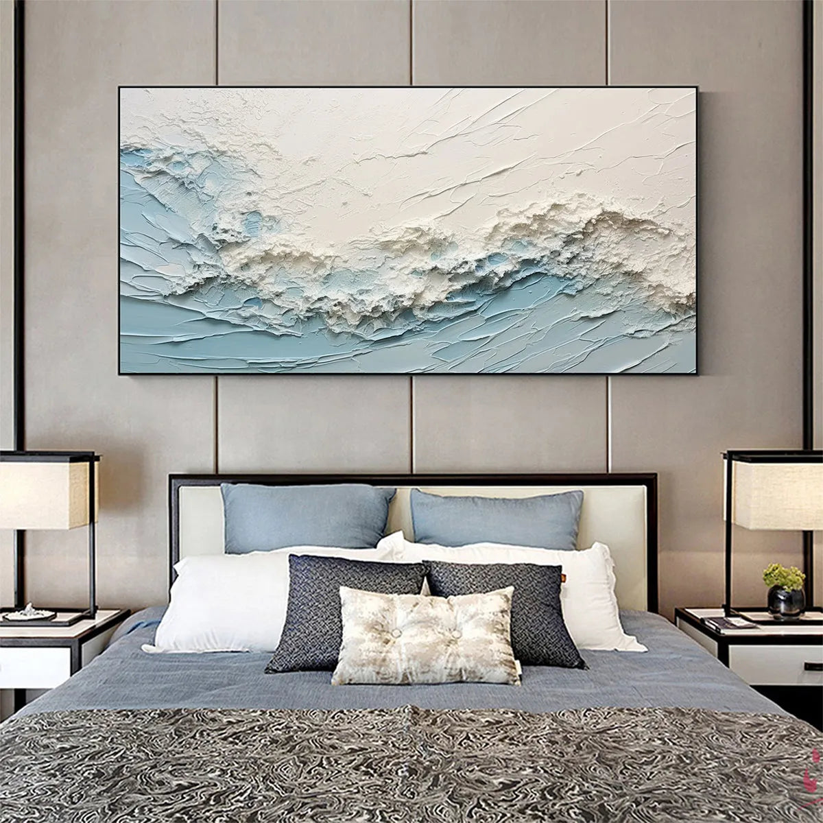 SERENE SEASCAPE: Panoramic Textured Abstract Painting, Impasto Wall Art, Blue, White, Beige, Living Room, Bedroom - Image 6