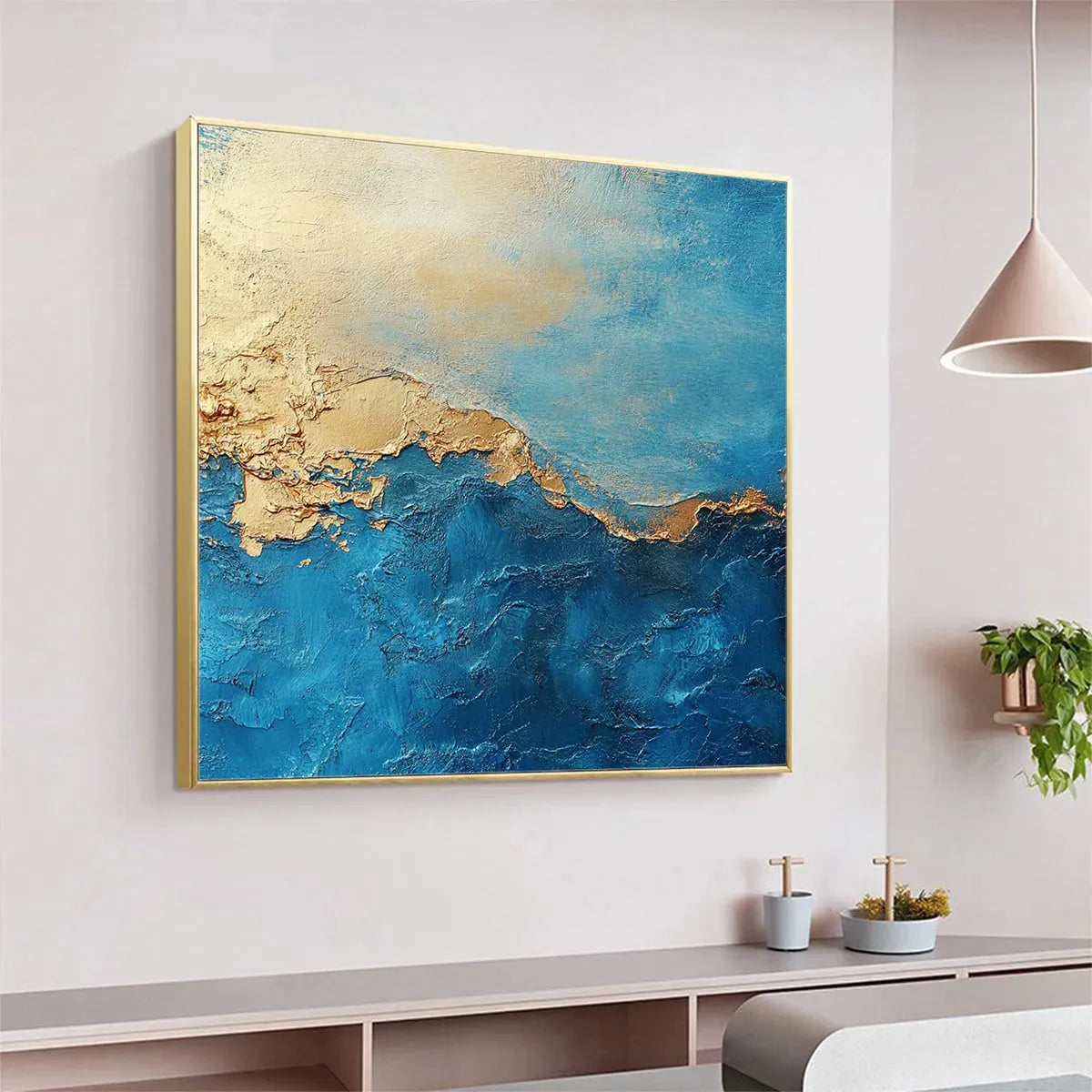 GILDED TIDEPOOL: Square Abstract Oil Painting with Gold Leaf and Blue - Image 4