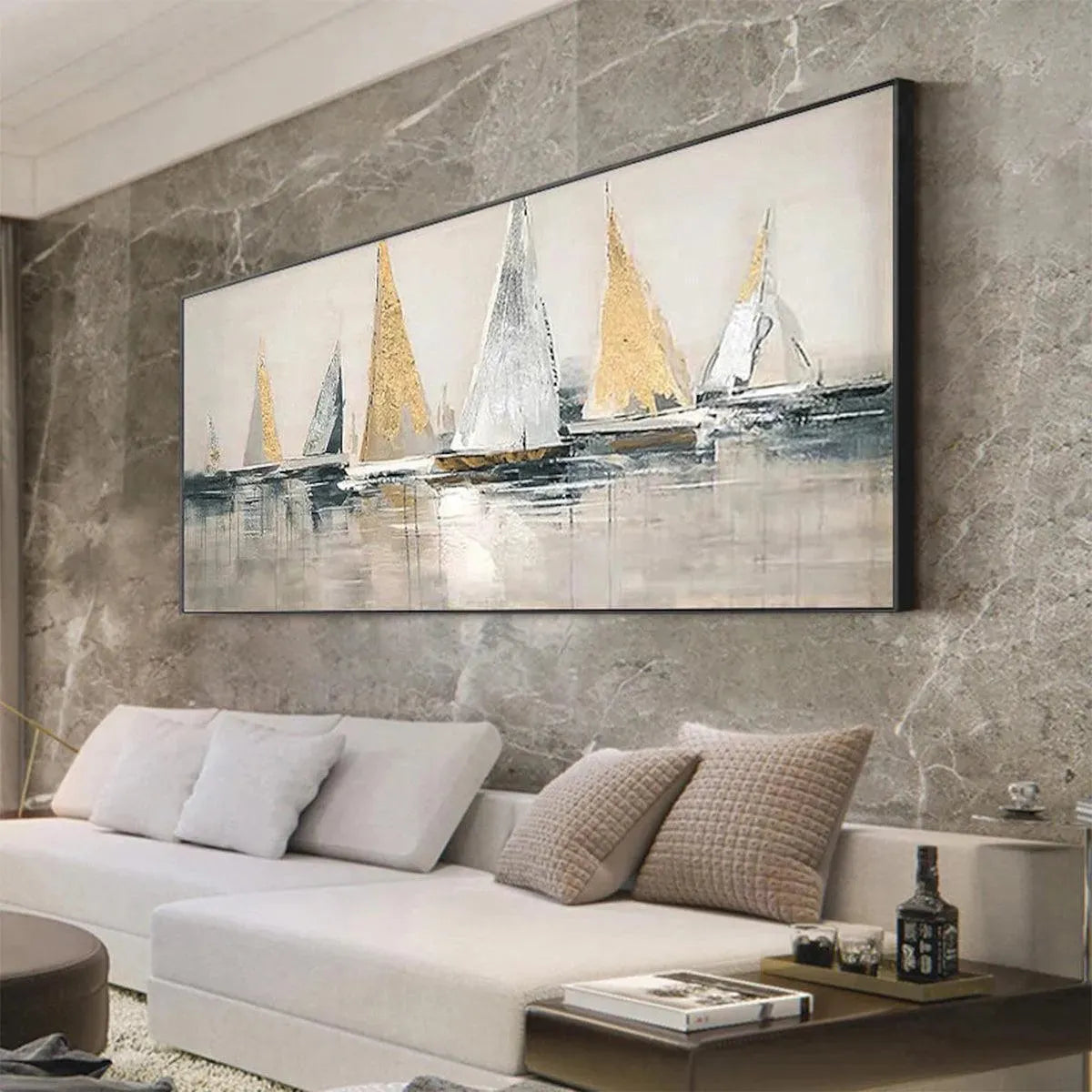 GOLDEN REGATTA: Panoramic Sailboat Painting - Image 4
