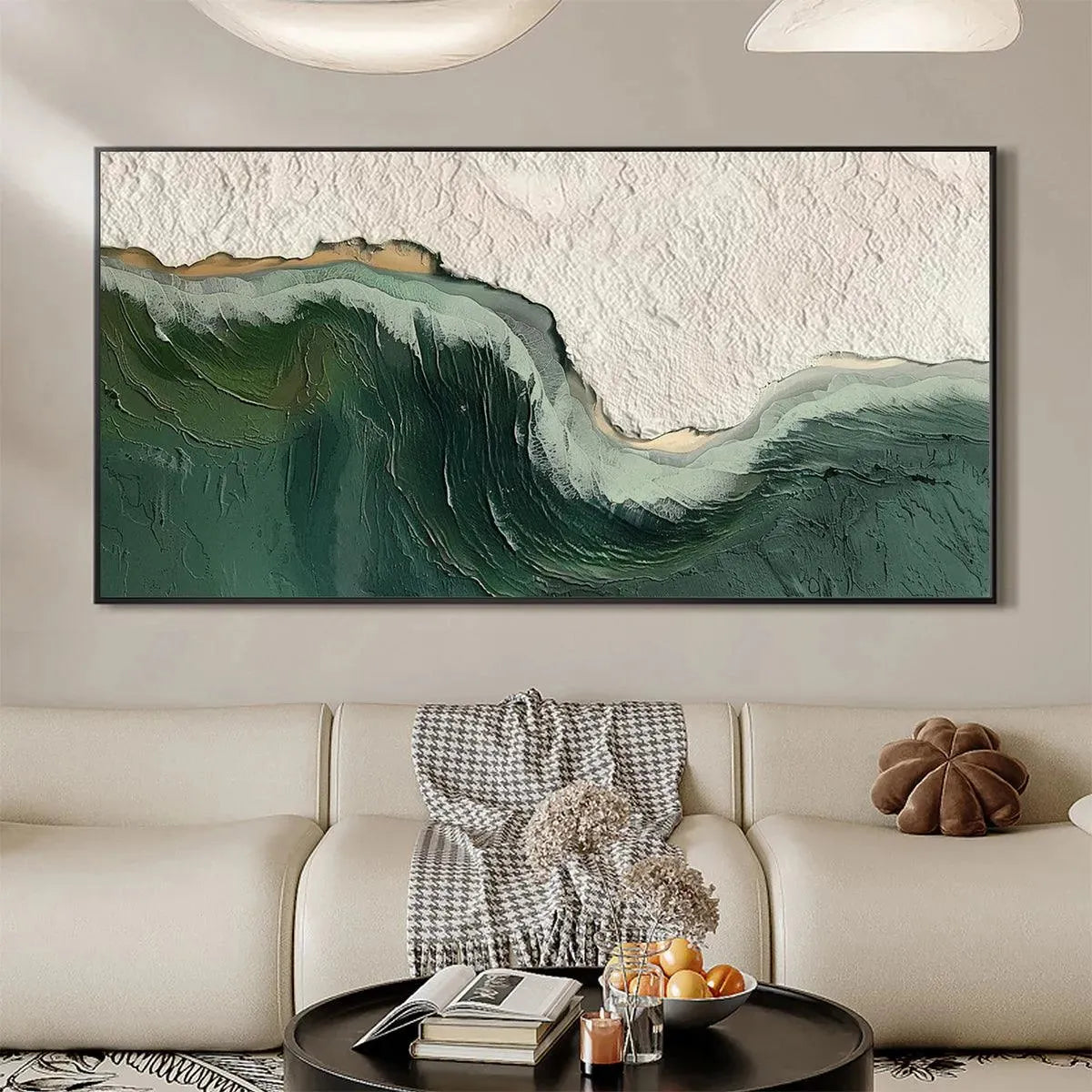 EMERALD DEPTHS: Textured Abstract Seascape Painting, Green and White Wall Art, Panoramic Canvas, Coastal Decor - Image 4
