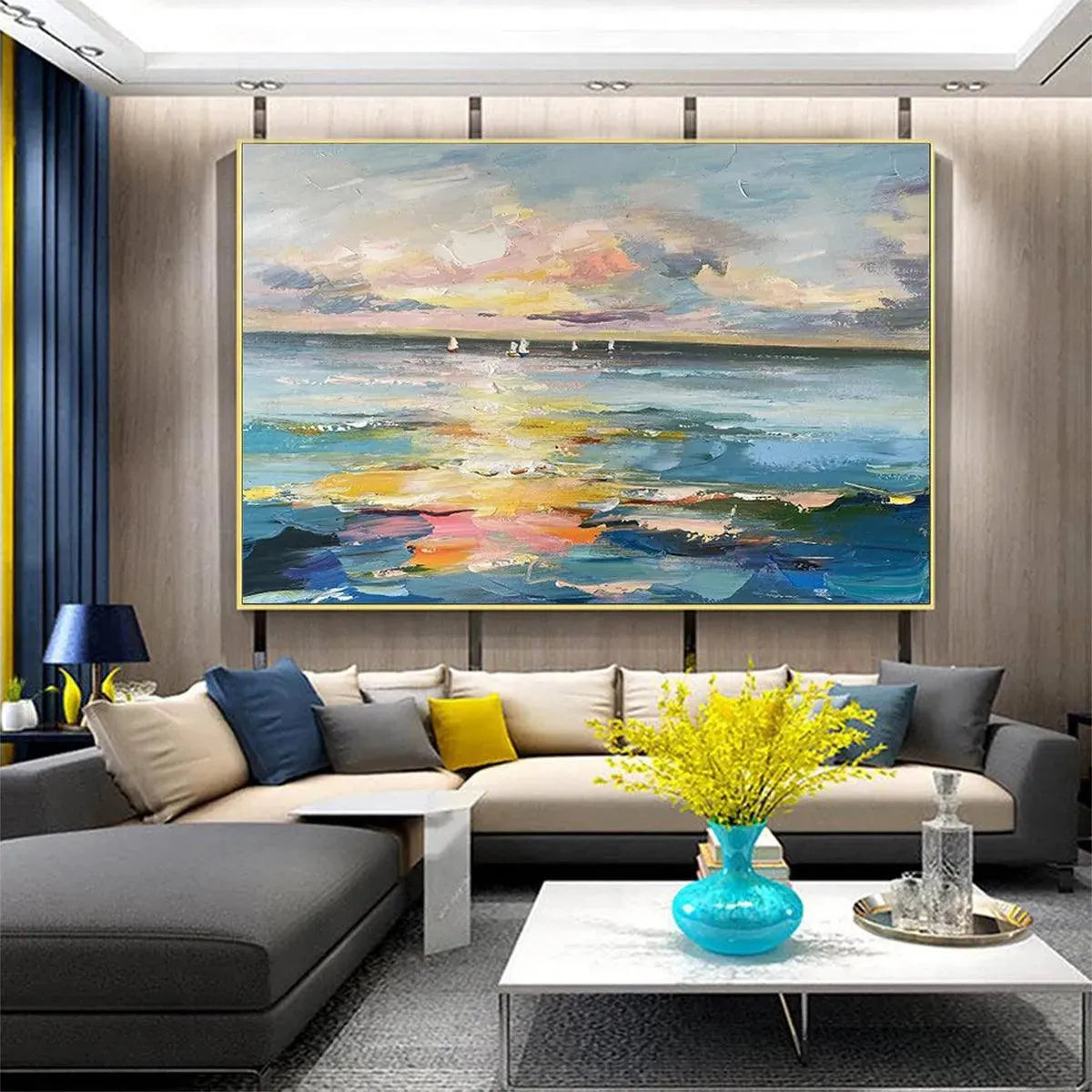 SUNSET SAIL: Seascape Painting, Impasto Texture, Ocean View, Panoramic Wall Art, Horizontal - Image 2