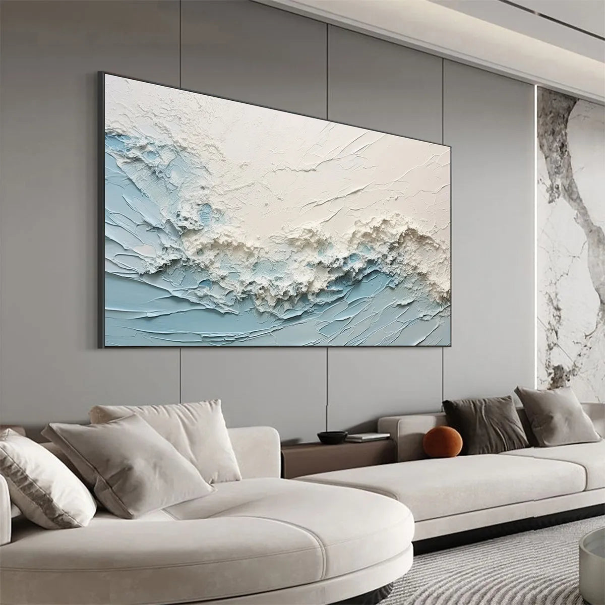 SERENE SEASCAPE: Panoramic Textured Abstract Painting, Impasto Wall Art, Blue, White, Beige, Living Room, Bedroom - Image 5