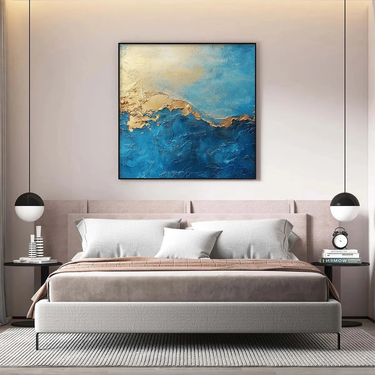 GILDED TIDEPOOL: Square Abstract Oil Painting with Gold Leaf and Blue - Image 5