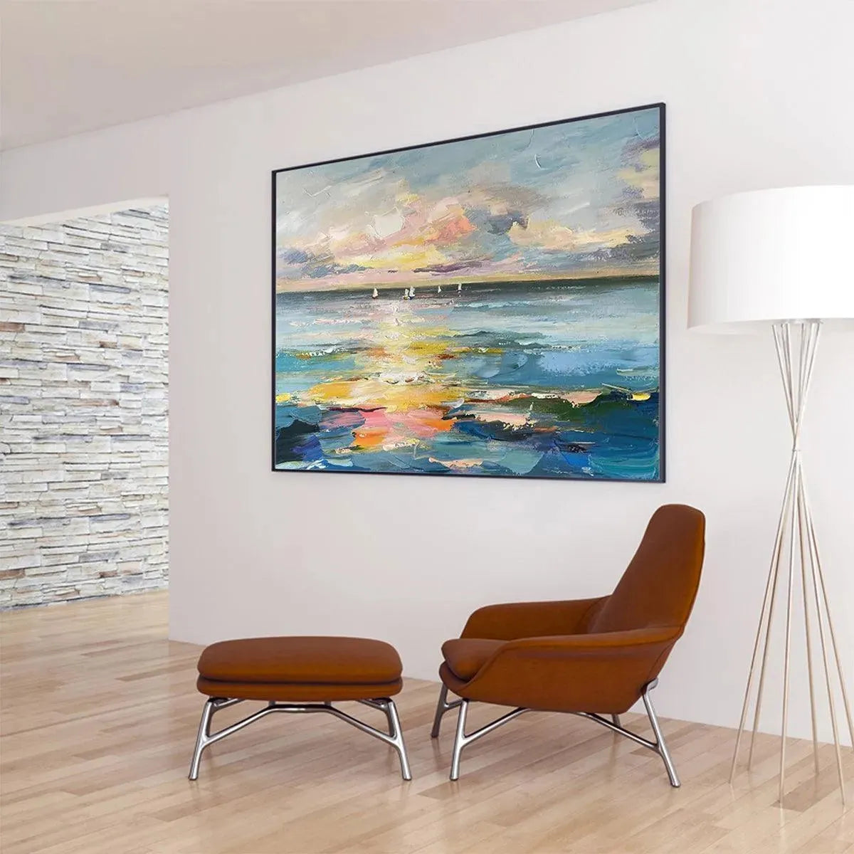 SUNSET SAIL: Seascape Painting, Impasto Texture, Ocean View, Panoramic Wall Art, Horizontal - Image 4
