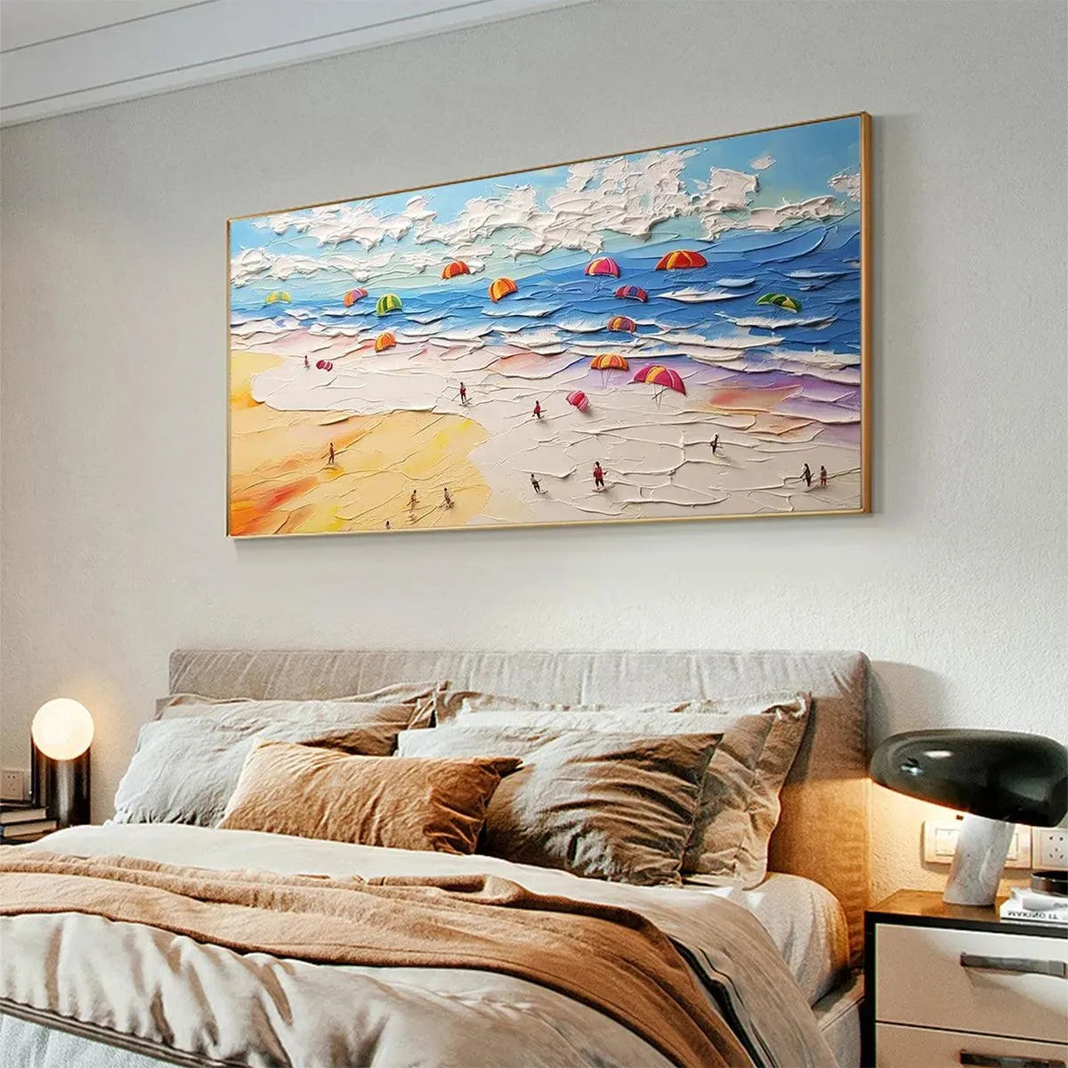 SEASIDE CELEBRATION: Textured Impasto Beach Painting with Colorful Umbrellas - Image 5