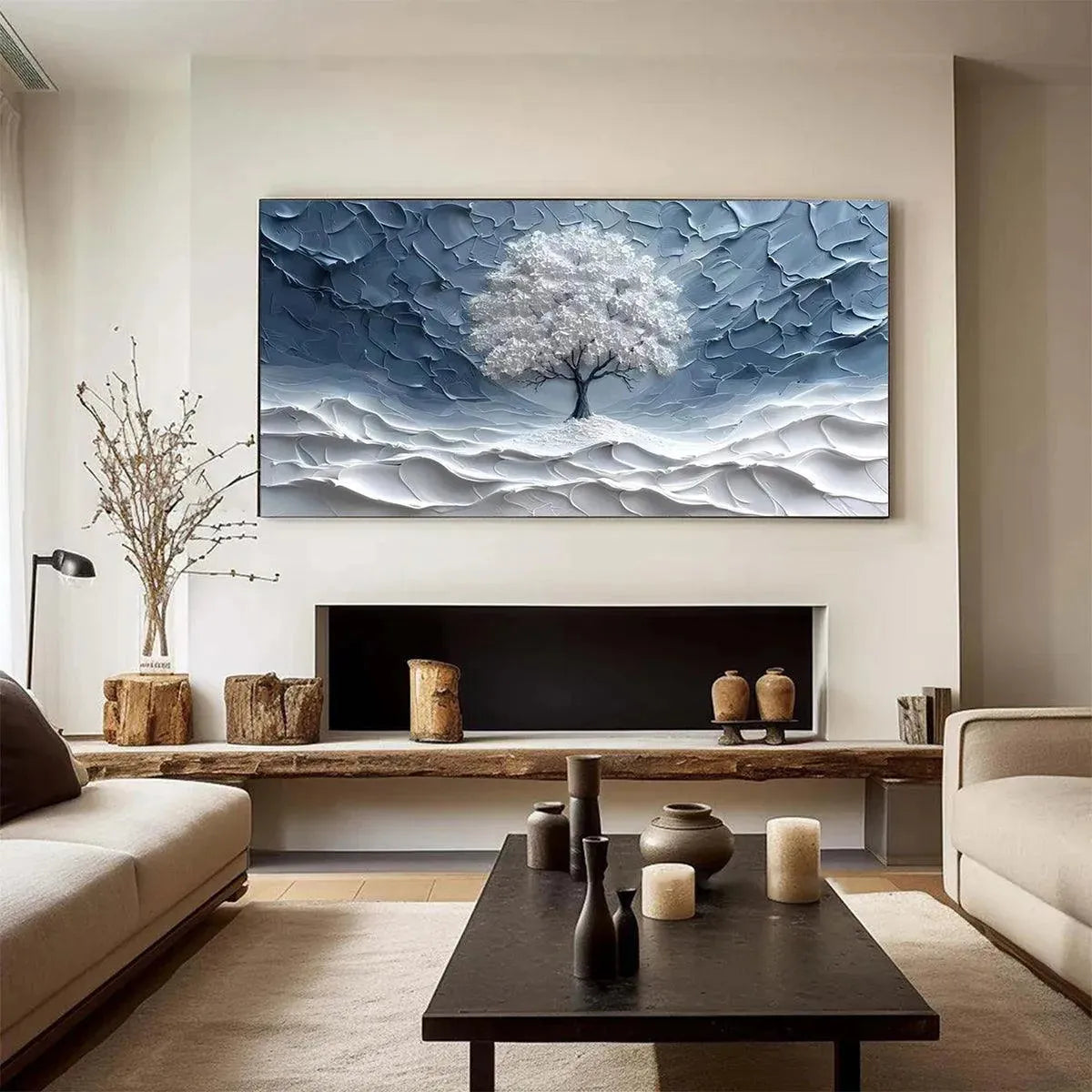 WINTER'S EMBRACE: Textured Winter Landscape Painting, Impasto Wall Art, Horizontal Canvas, Tree Art - Image 7