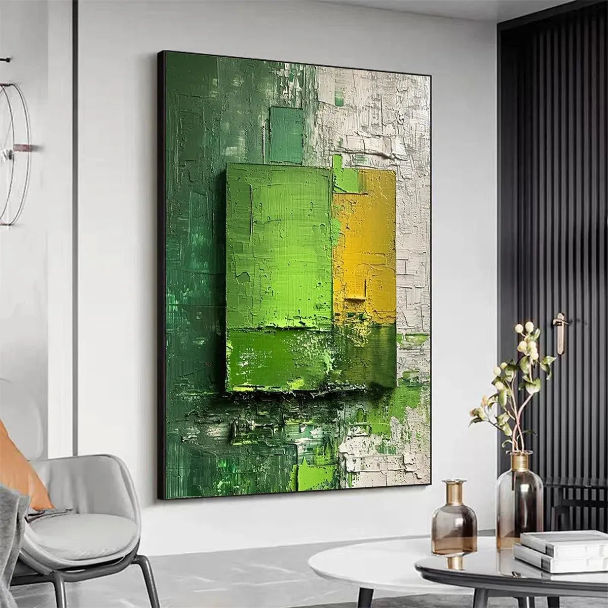 GREEN AND YELLOW TEXTURED BLOCKS: Impasto Abstract Painting, Vertical Wall Art - Image 3