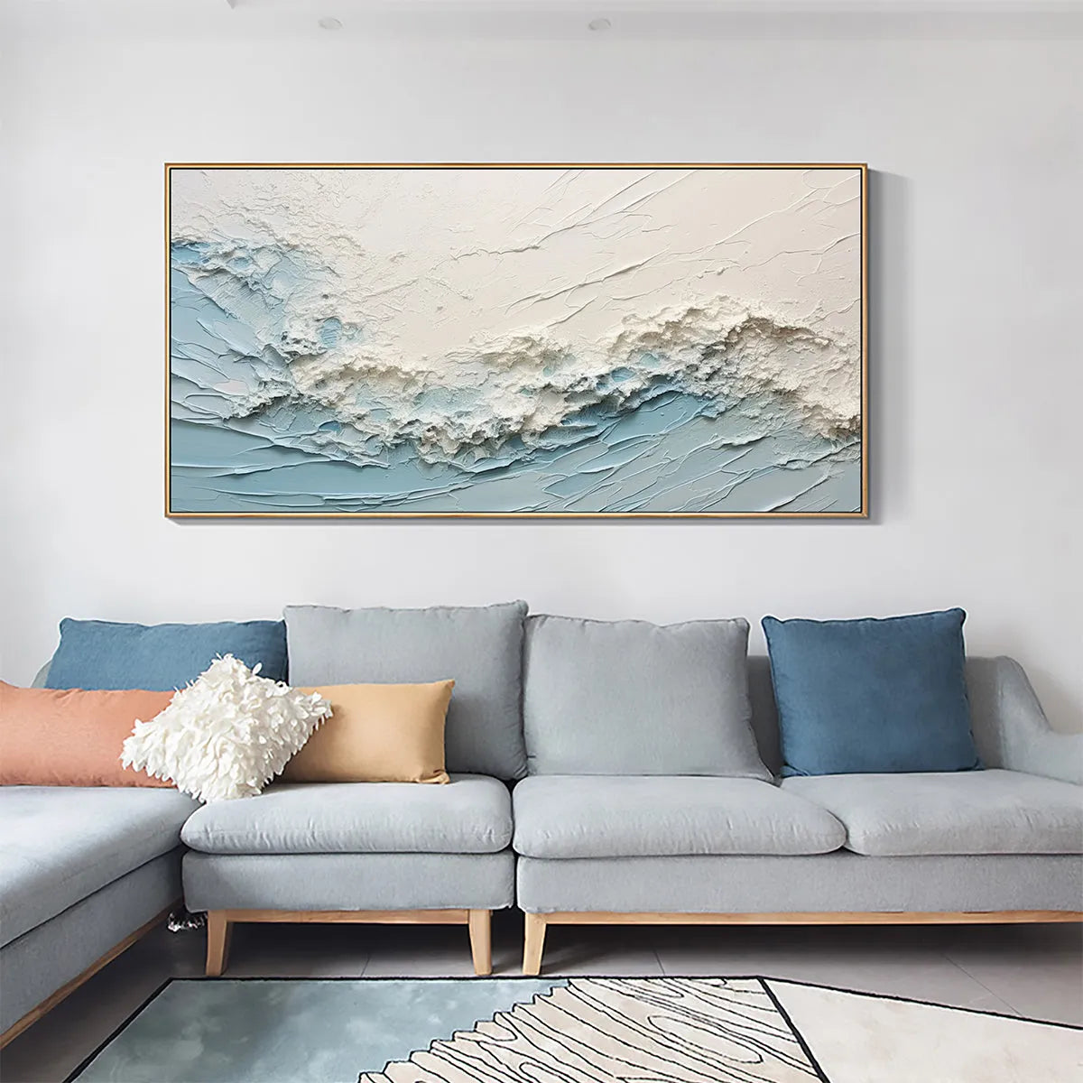SERENE SEASCAPE: Panoramic Textured Abstract Painting, Impasto Wall Art, Blue, White, Beige, Living Room, Bedroom - Image 8