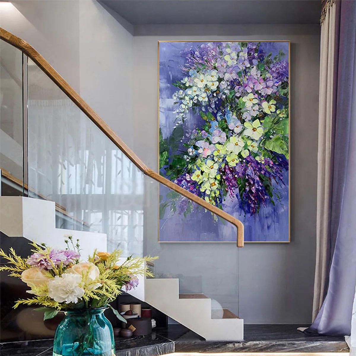 SERENITY IN PURPLE: Vertical Impasto Floral Oil Painting - Image 5