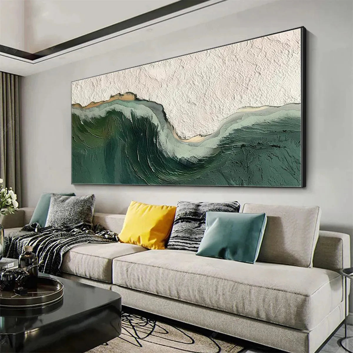 EMERALD DEPTHS: Textured Abstract Seascape Painting, Green and White Wall Art, Panoramic Canvas, Coastal Decor - Image 8