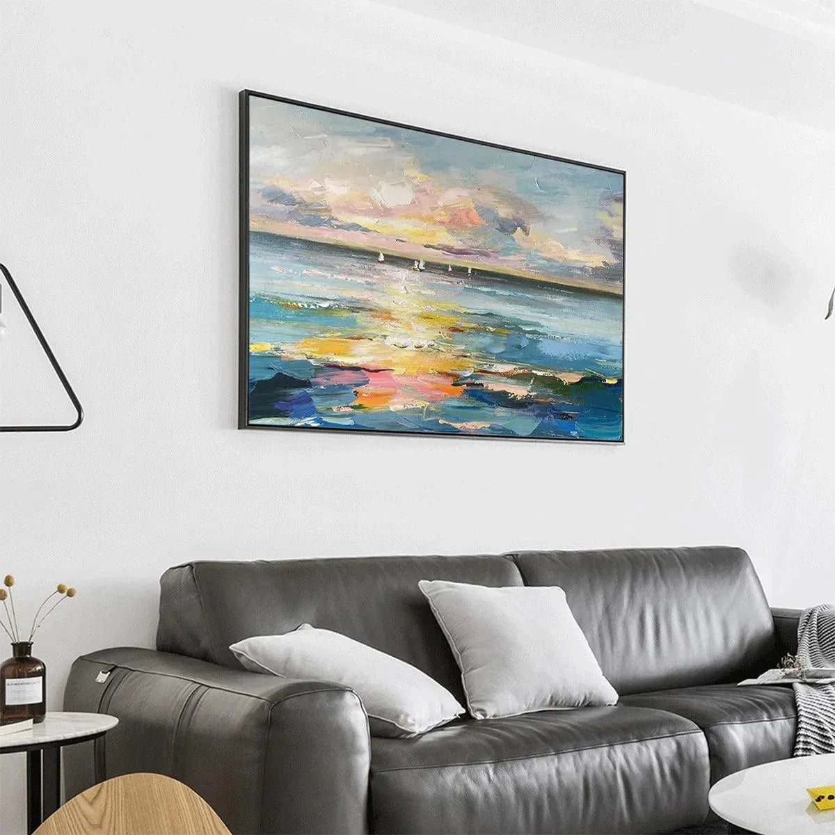 SUNSET SAIL: Seascape Painting, Impasto Texture, Ocean View, Panoramic Wall Art, Horizontal - Image 5