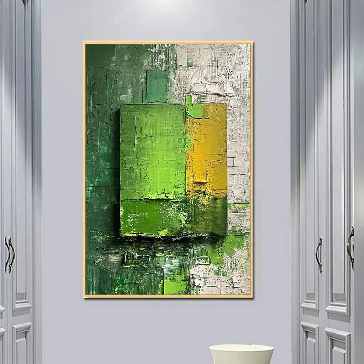 GREEN AND YELLOW TEXTURED BLOCKS: Impasto Abstract Painting, Vertical Wall Art - Image 7