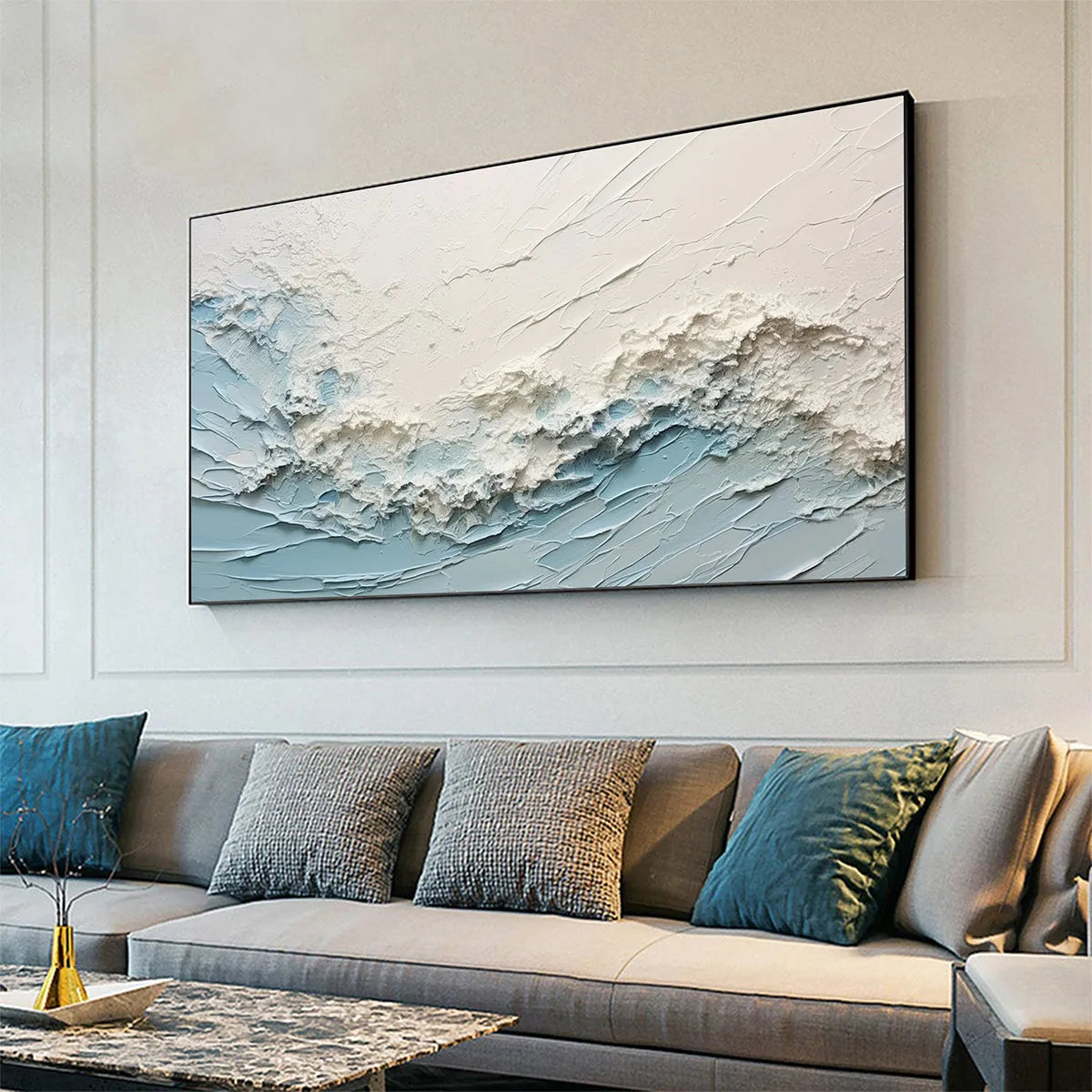 SERENE SEASCAPE: Panoramic Textured Abstract Painting, Impasto Wall Art, Blue, White, Beige, Living Room, Bedroom - Image 4