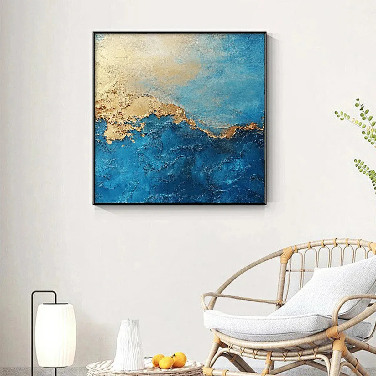 GILDED TIDEPOOL: Square Abstract Oil Painting with Gold Leaf and Blue - Image 7
