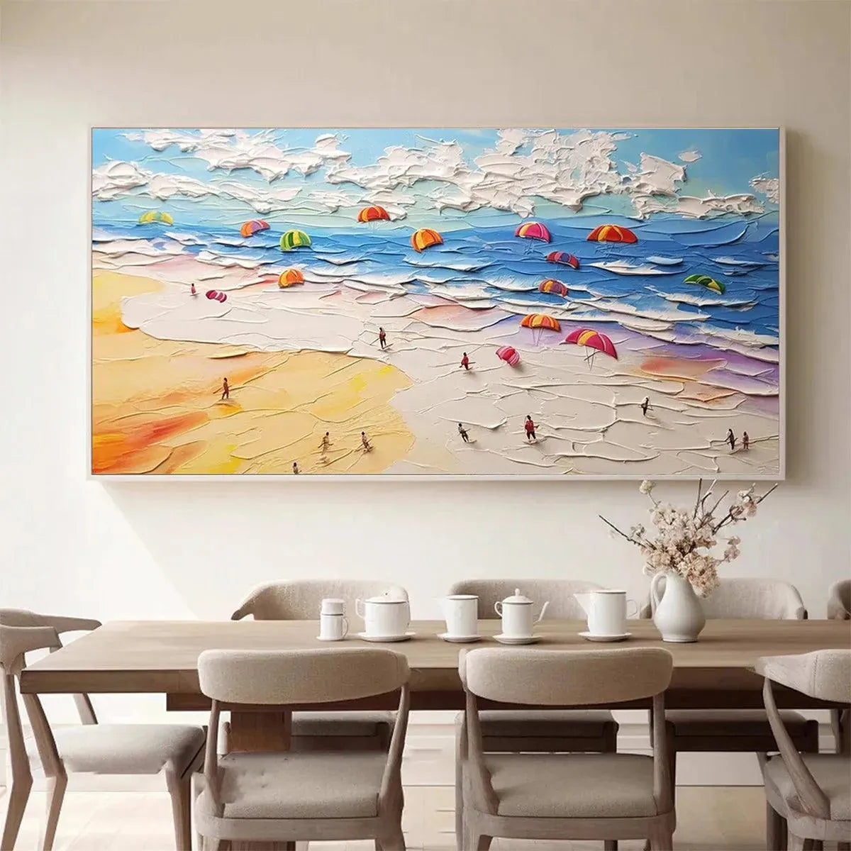 SEASIDE CELEBRATION: Textured Impasto Beach Painting with Colorful Umbrellas - Image 4