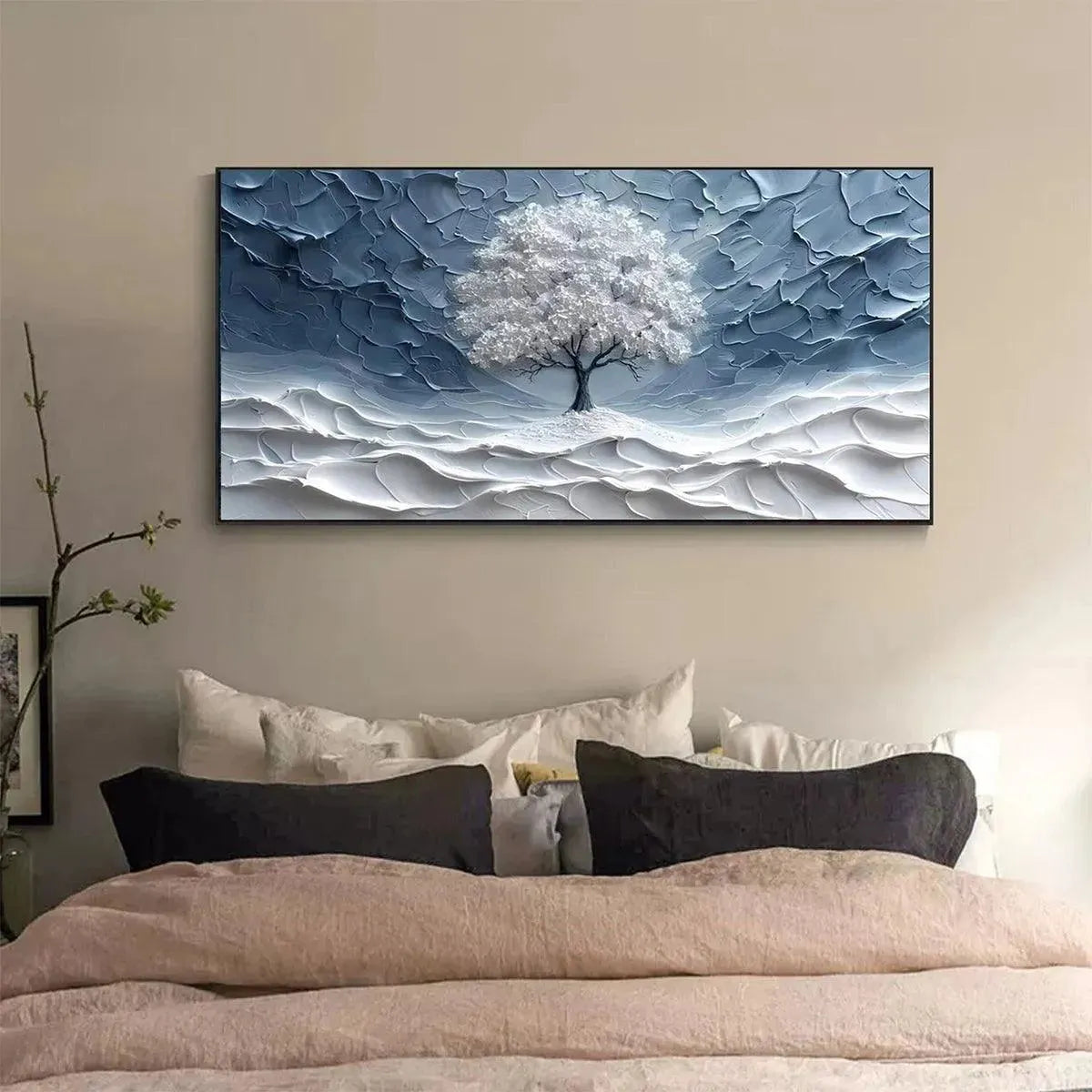 WINTER'S EMBRACE: Textured Winter Landscape Painting, Impasto Wall Art, Horizontal Canvas, Tree Art - Image 8