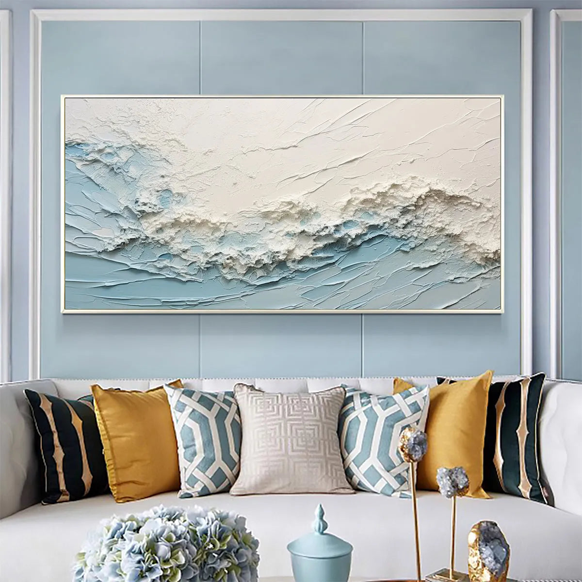 SERENE SEASCAPE: Panoramic Textured Abstract Painting, Impasto Wall Art, Blue, White, Beige, Living Room, Bedroom - Image 2