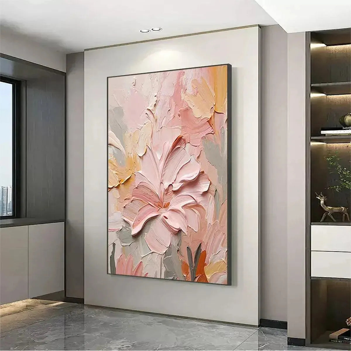 BLUSHING BLOOMS: Textured Floral Painting, Pink and Peach Wall Art, Vertical Canvas, Impasto Decor - Image 4