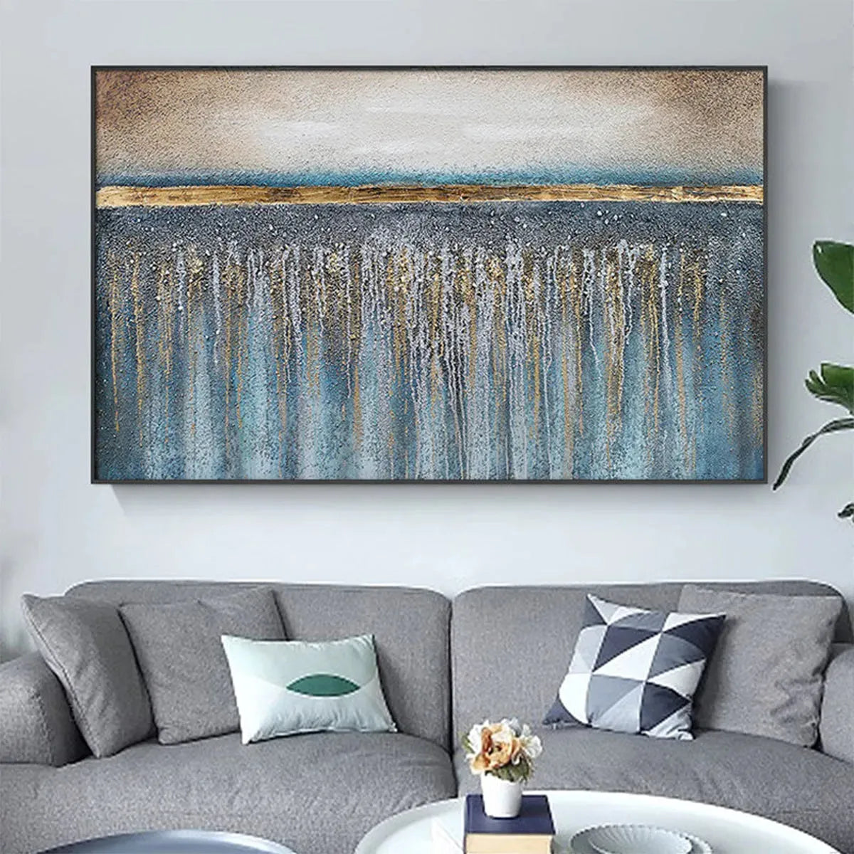 GOLDEN HORIZON: Panoramic Abstract Oil Painting with Gold and Blue - Image 2