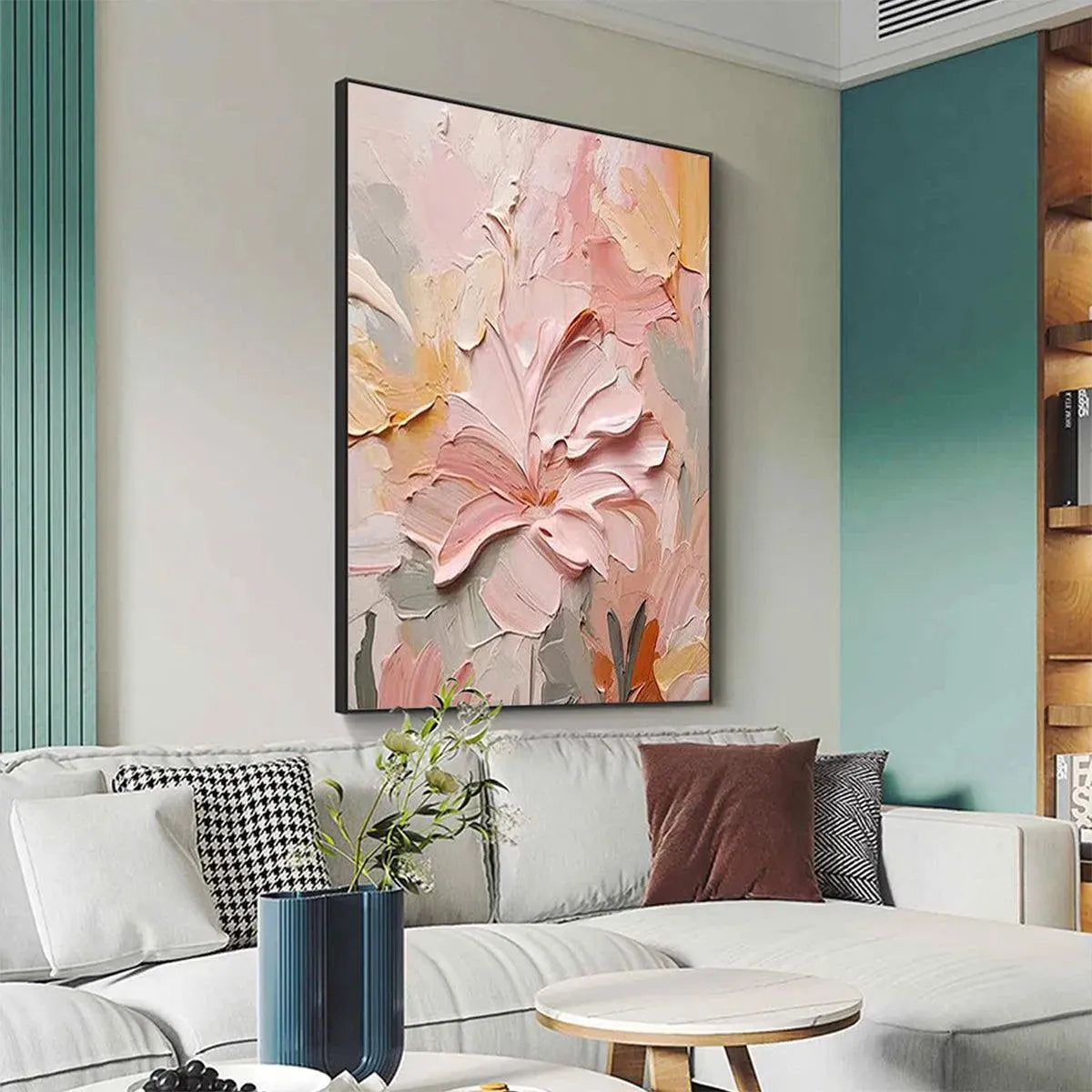 BLUSHING BLOOMS: Textured Floral Painting, Pink and Peach Wall Art, Vertical Canvas, Impasto Decor - Image 5