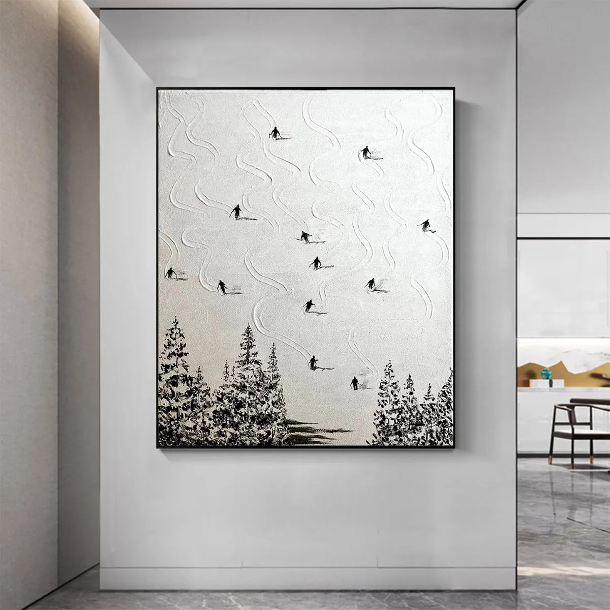 SNOW DANCE: Minimalist Skiing Painting on Textured Square Canvas - Image 2