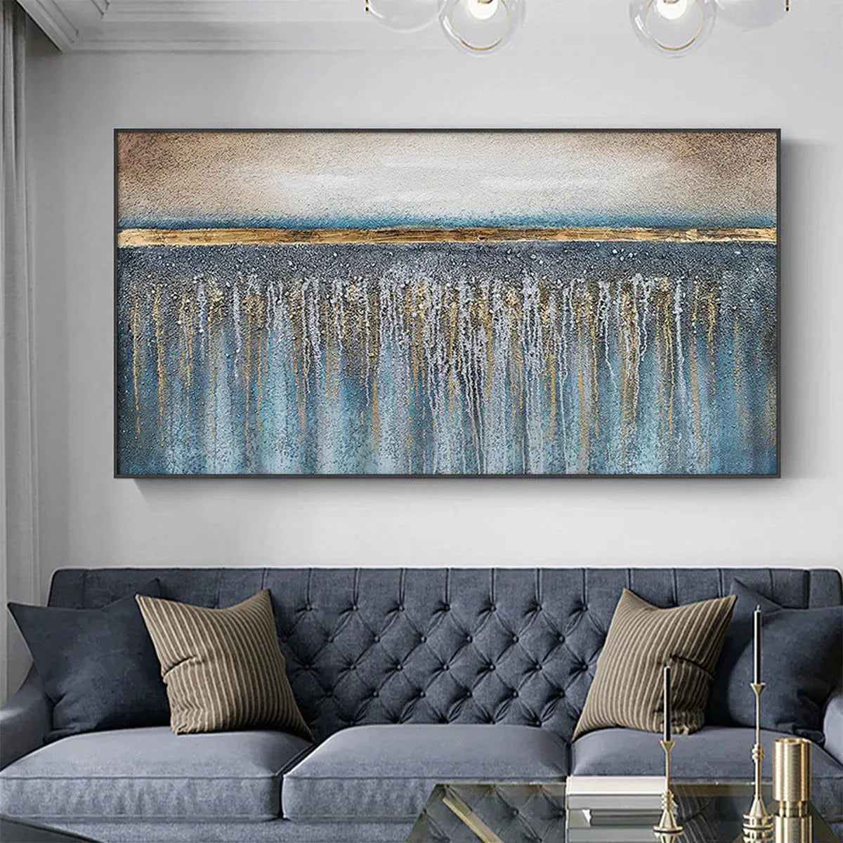 GOLDEN HORIZON: Panoramic Abstract Oil Painting with Gold and Blue - Image 4