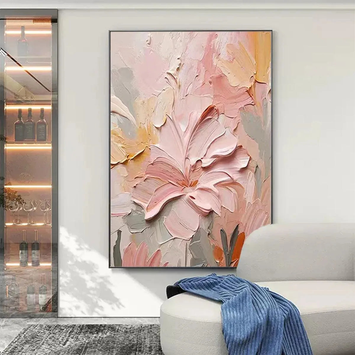 BLUSHING BLOOMS: Textured Floral Painting, Pink and Peach Wall Art, Vertical Canvas, Impasto Decor - Image 7