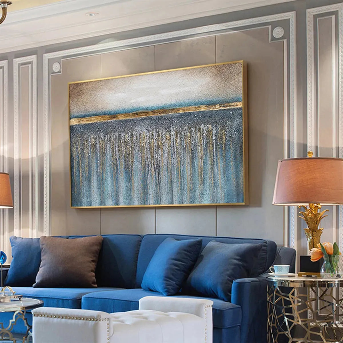 GOLDEN HORIZON: Panoramic Abstract Oil Painting with Gold and Blue - Image 5