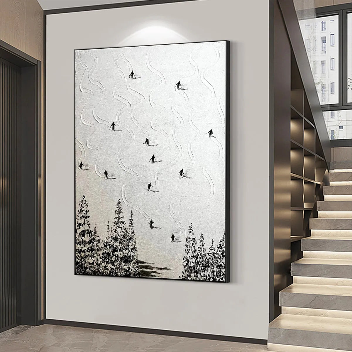 SNOW DANCE: Minimalist Skiing Painting on Textured Square Canvas - Image 5