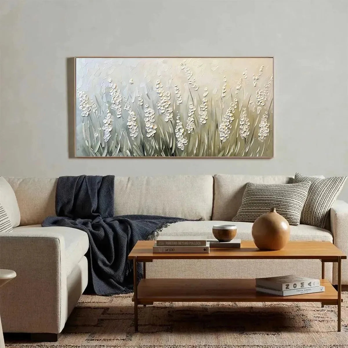 TEXTURED MEADOW: Textured Floral Landscape Painting in Green and White - Image 4