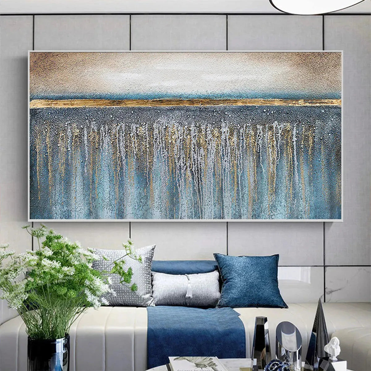 GOLDEN HORIZON: Panoramic Abstract Oil Painting with Gold and Blue - Image 7