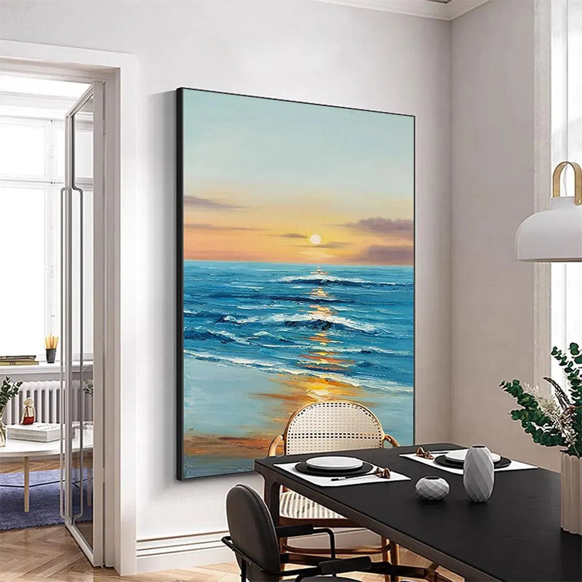 SUNKISSED SHORES: Vertical Ocean Sunset Painting, Beach Wall Art - Image 4