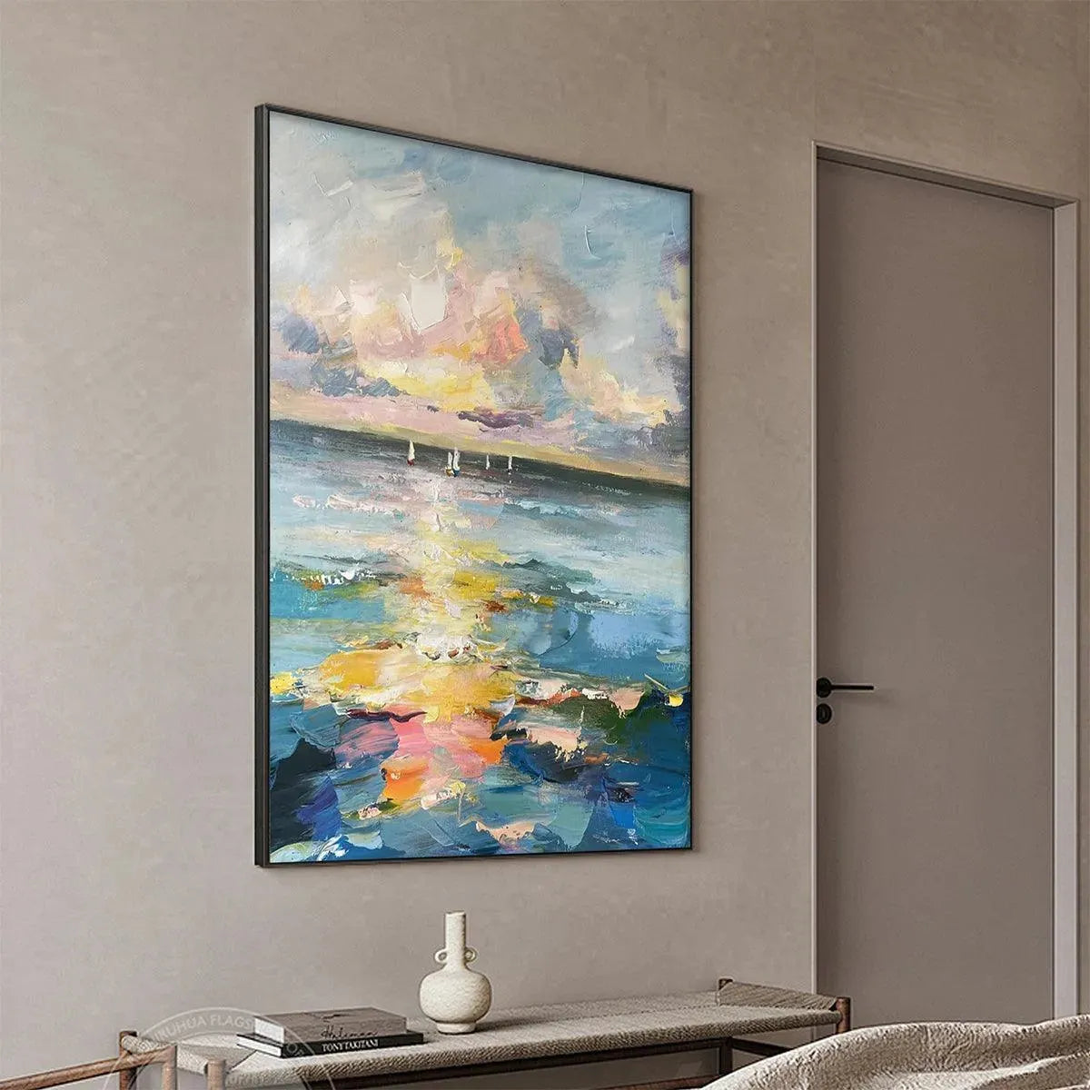 SAILBOATS AT SUNSET: Seascape Painting, Impasto, Textured Wall Art, Ocean Sunset, Vertical - Image 4