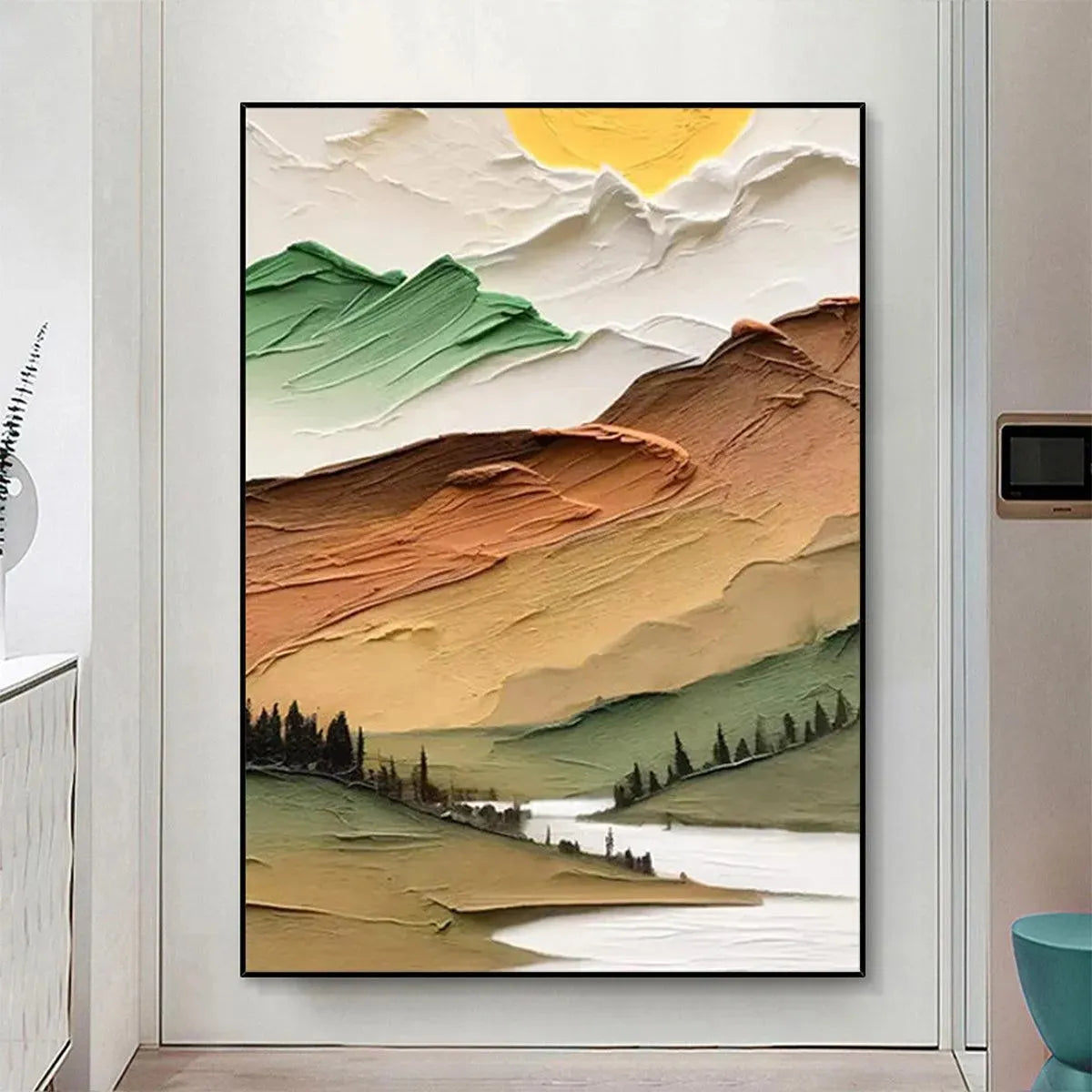 GOLDEN VALLEY: Textured Mountain Landscape Painting, Green and Gold Wall Art, Vertical Canvas, Impasto Decor - Image 4
