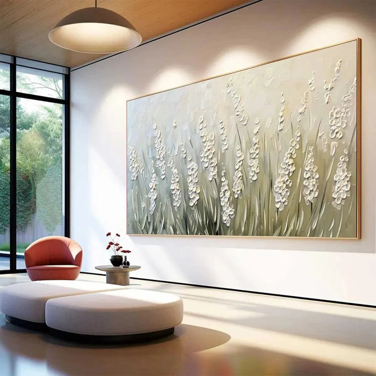 TEXTURED MEADOW: Textured Floral Landscape Painting in Green and White - Image 5