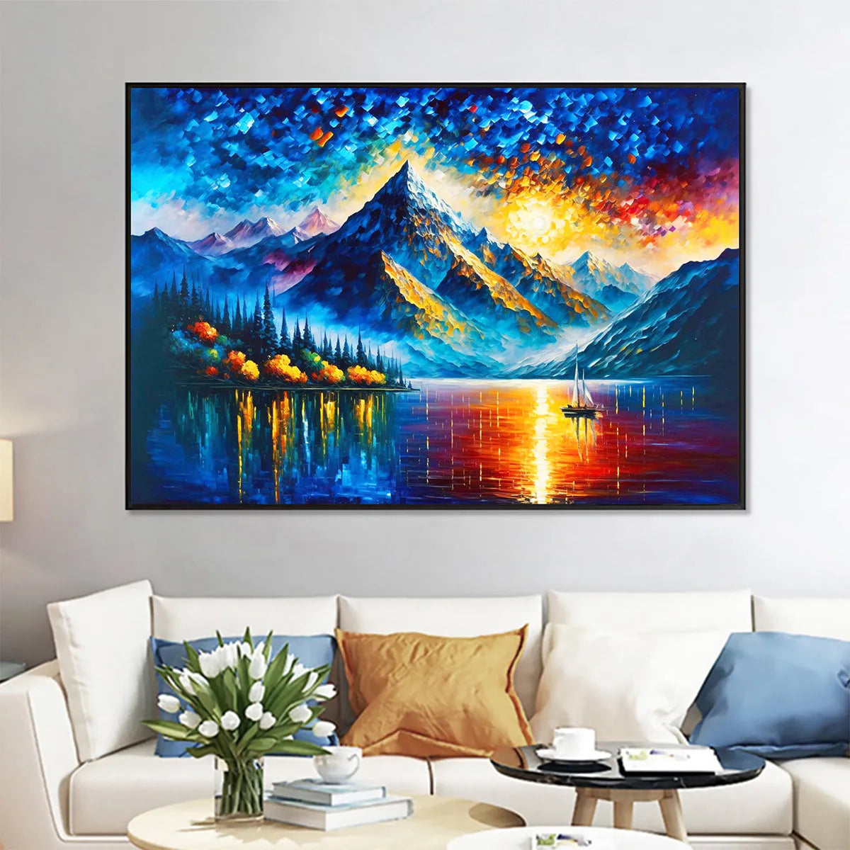 MAJESTIC SUNRISE: Mountain Landscape Oil Painting with Lake and Sailboat - Image 2