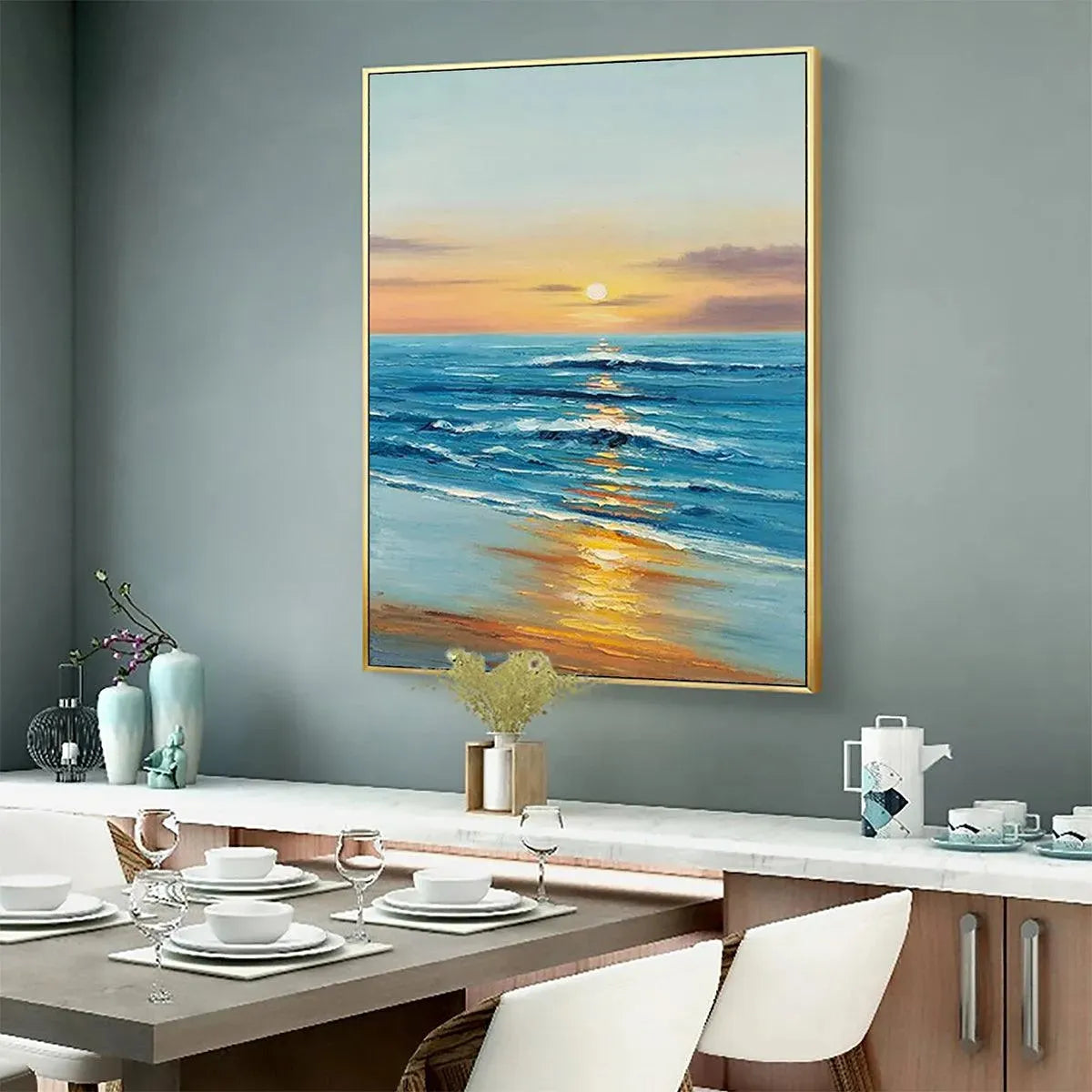 SUNKISSED SHORES: Vertical Ocean Sunset Painting, Beach Wall Art - Image 8
