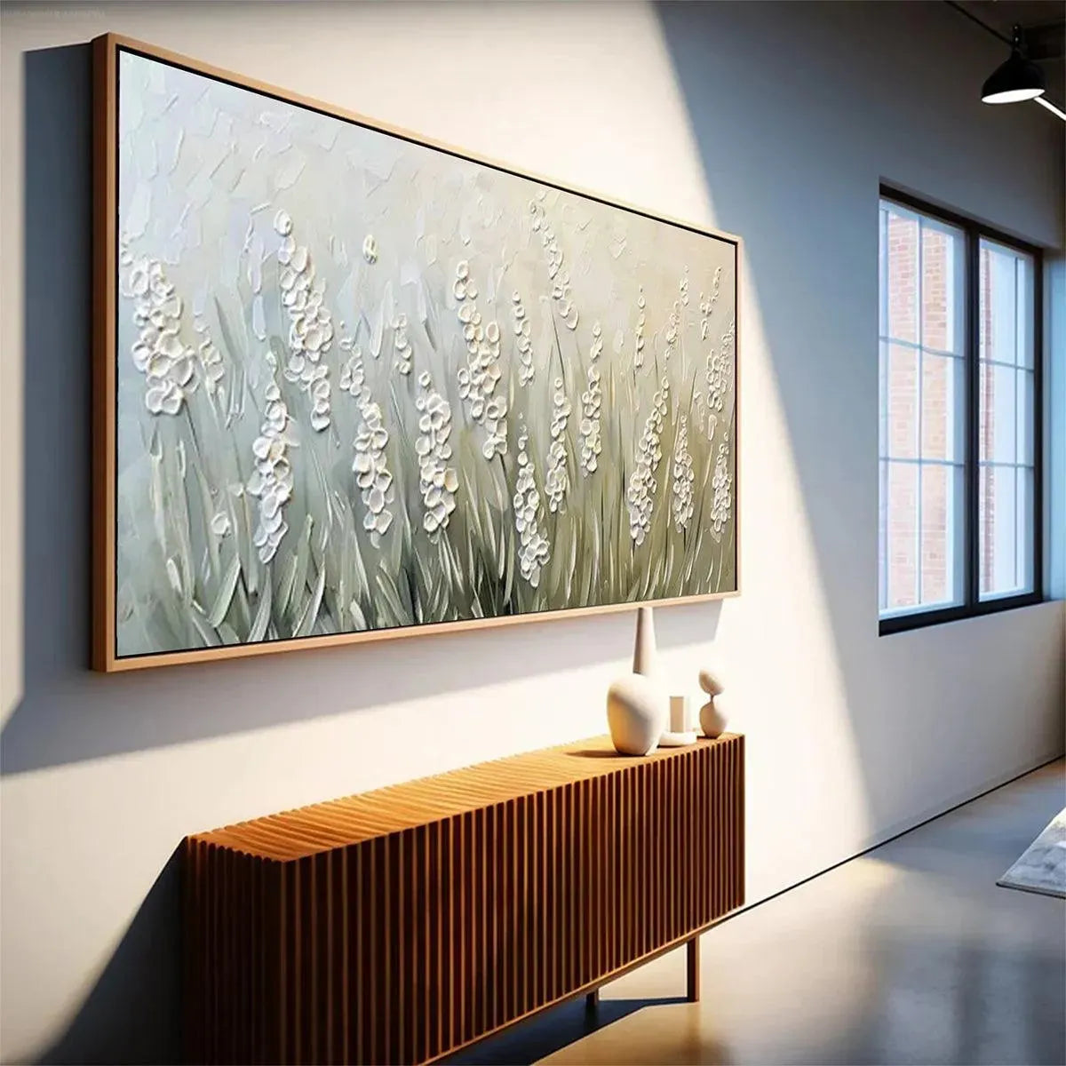 TEXTURED MEADOW: Textured Floral Landscape Painting in Green and White - Image 7