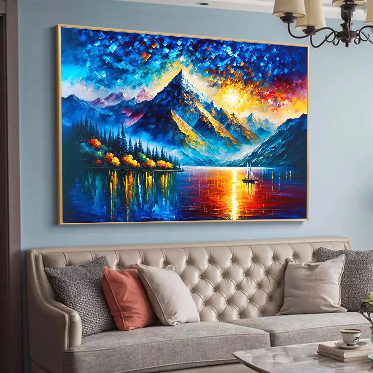 MAJESTIC SUNRISE: Mountain Landscape Oil Painting with Lake and Sailboat - Image 4